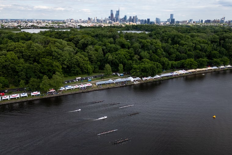 An aerial shot of the girls second eight semifinal race during the Stotesbury Regatta on Friday.