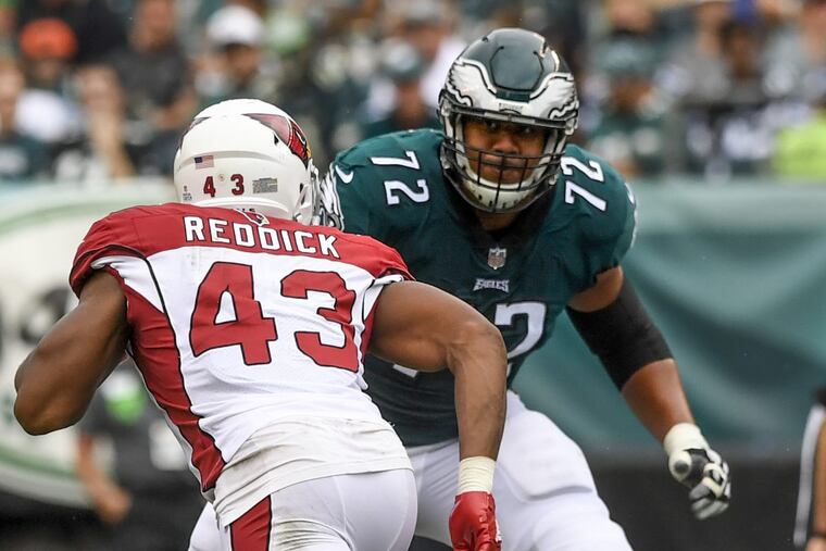 Eagles tackle Halapoulivaati Vaitai prepares to block Temple product Haason Reddick during the game against the Arizona Cardinals at Lincoln Financial Field October 8, 2017. Eagles won 34-7. CLEM MURRAY / Staff Photographer