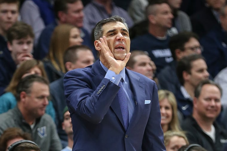 Villanova's head coach Jay Wright calls play against Creighton during the 2nd half at The Finneran Pavilion in Villanova, Wednesday, February 6, 2019. Nova beats Creighton in overtime 66-59. STEVEN M. FALK / Staff Photographer