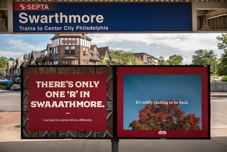 Swarthmore College advertisements at the train station on campus poking fun at how people pronounce the school's name.