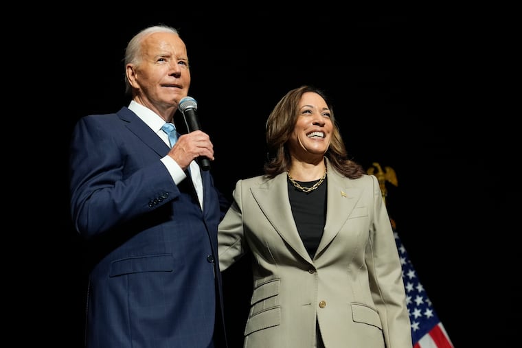 President Joe Biden, left, and Democratic presidential nominee Vice President Kamala Harris speak about the administration's efforts to lower prescription drug costs during an event at Prince George's Community College in Largo, Md. on Aug. 15.