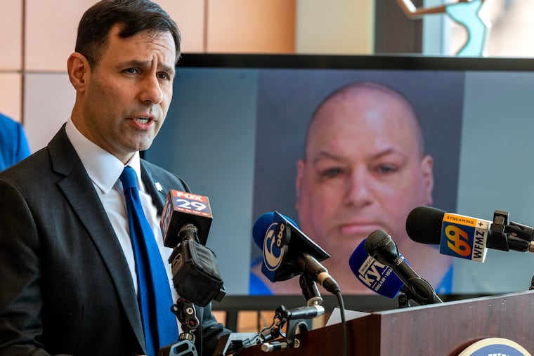 Bucks County District Attorney Joe Khan at a news conference in Doylestown on Wednesday to provide updates on the triple homicide investigation.