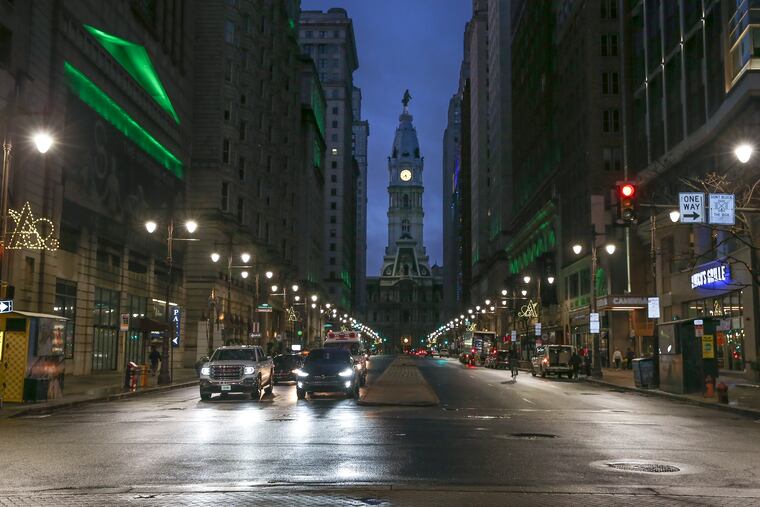 At Broad and Locust Streets, near theaters where many of the city's arts groups normally perform, the streetscape has been sapped of its vitality as ticket buyers and restaurant patrons hunker down at home.