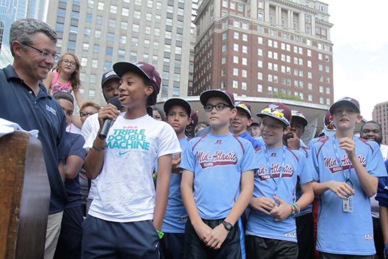 Mo'ne Davis spoke during welcome rally. Left is head coach, Alex Rice. (AKIRA SUWA/Staff Photographer)