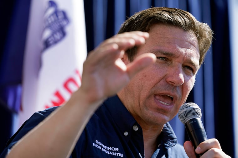 Republican presidential candidate Florida Gov. Ron DeSantis speaks during a Fair-Side Chat at the Iowa State Fair earlier this month in Des Moines, Iowa. DeSantis said Saturday in a post on the social media site X, formerly known as Twitter, that he has directed state emergency officials begin preparations for a storm.