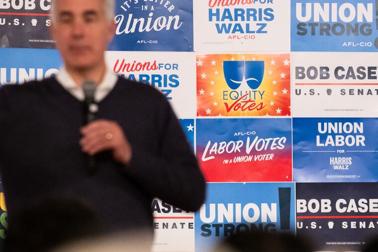 Sen. Bob Casey speaks to union workers and other attendees at a rally in support of Kamala Harris at the Sprinkler Fitters Local 692 Union Hall in Northeast Philadelphia on Saturday.