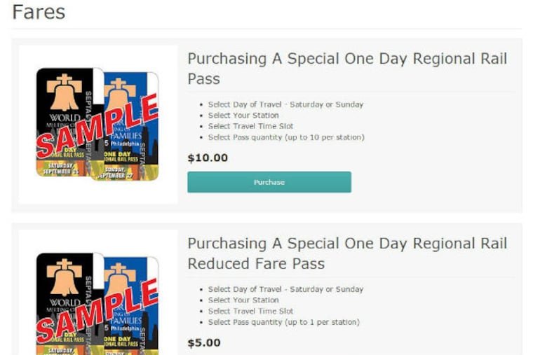 A screen grab from SEPTA's pope pass web site, septa.org/papalvisitphilly/fares.