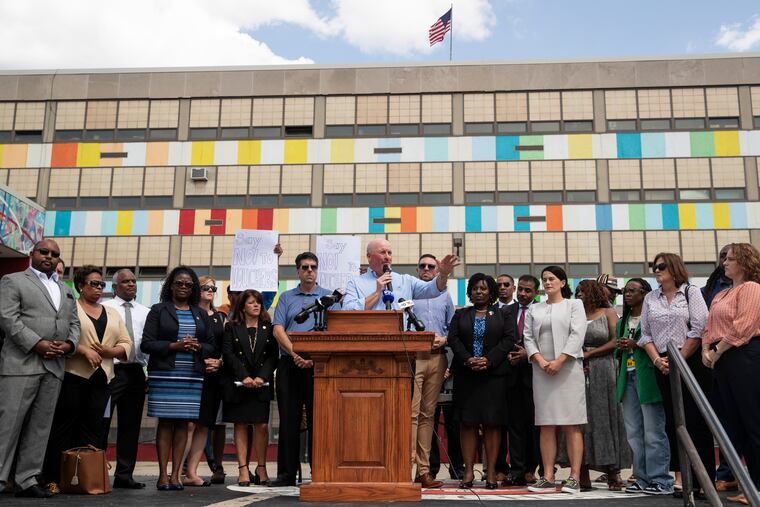 State Representative Matthew Bradford speaks after touring South Philadelphia High School in Philadelphia, Pa. on Monday, July 31, 2023. The democratic leaders are embarking on a statewide “Save Our Schools" to encourage legislative investment in school maintenance.