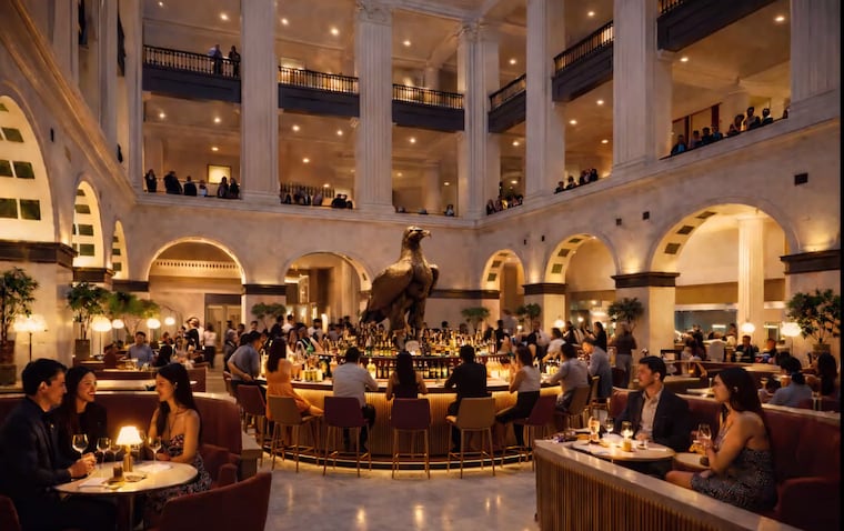 A rendering of a possible future use for the Wanamaker's Grand Court, envisioning diners seated around the famous eagle statute.