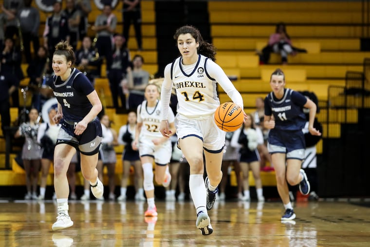 Drexel forward Kylie Lavelle barrels down the court during the second half of the CAA Women’s Basketball tournament game against Monmouth Hawks at the SECU Arena in Towson, Md. on Friday, March 10.