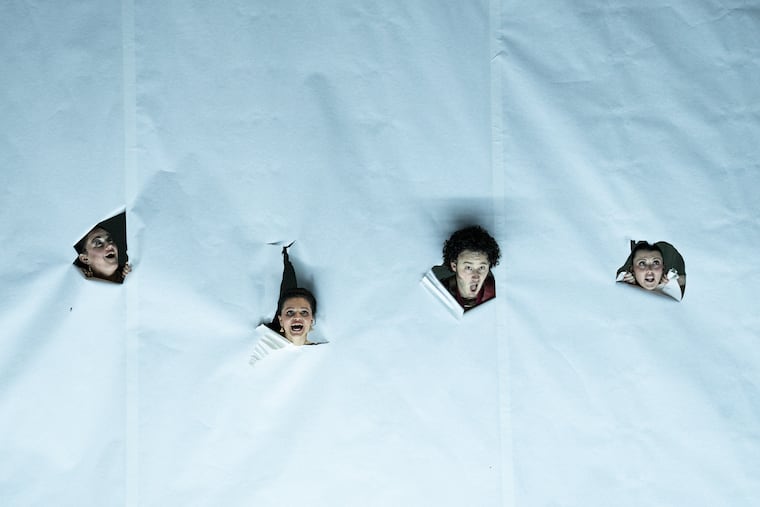 Katherine Beck (La Marchese Melibea),
Maya Mor Mitrani (Modestina), Alex
DeSocio (Don Alvaro), and Olivia
Prendergast (Delia) in Rossini’s "Il
viaggio a Reims" at the Academy of
Music