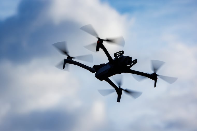 A Philadelphia police drone outside the Cathedral Basilica of SS. Peter and Paul on Thursday, Sept. 19, 2024. It was being used during the funeral of Officer Jaime Roman.