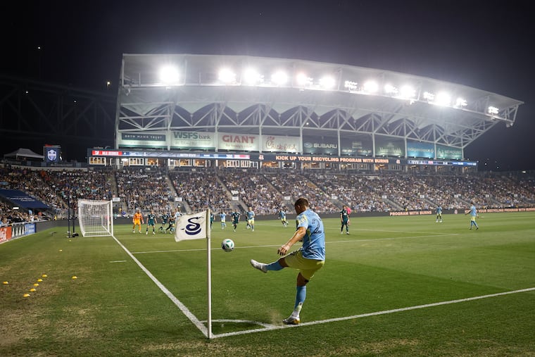 The crowd at Subaru Park watches Kai Wagner take a corner kick earlier this year.