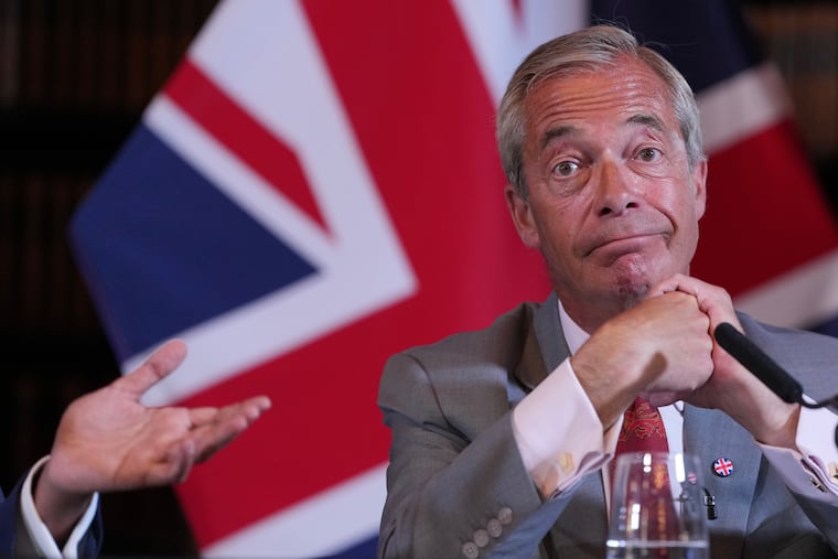 Nigel Farage, Leader of Britain's Reform UK party, attends a press conference in London, Monday, Aug. 10, 2026.