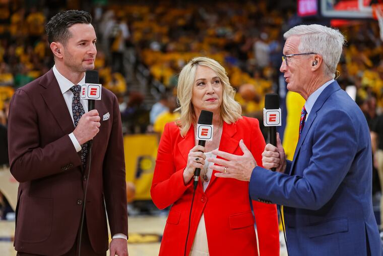 (From left) JJ Redick, Doris Burke, and Matt Breen will call the NBA Finals on ABC between the Dallas Mavericks and Boston Celtics.
