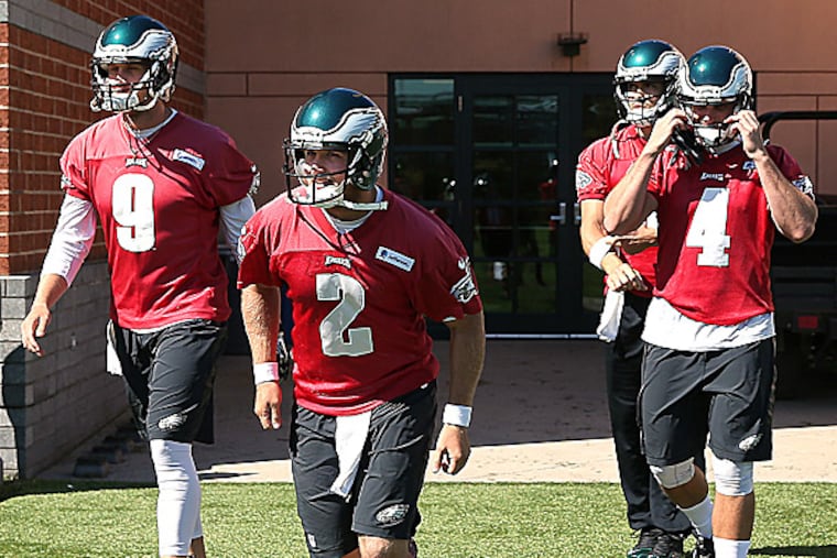 Eagles quarterbacks Nick Foles, Matt Barkley, Mark Sanchez and G.J. Kinne. (David Maialetti/Staff Photographer)