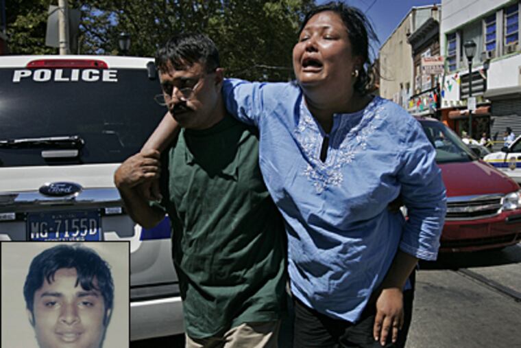 Fahmida Rahman, mother of slain college student Fakhur Uddin (inset) is escorted at the crime scene on Germantown Avenue.
