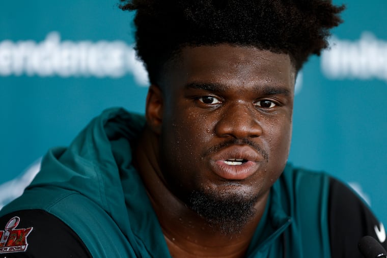 Eagles defensive tackle Jordan Davis speaks with reporters on Thursday.
