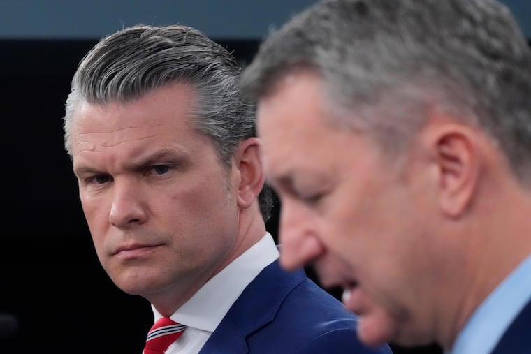 Defense Secretary Pete Hegseth and Chairman of the Joint Chiefs of Staff Gen. Dan Caine speak to members of the media during a news briefing at the Pentagon in Washington, Tuesday, May 5, 2026.