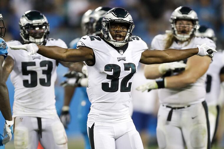 Eagles cornerback Rasul Douglas waving his arms after the Panthers could not convert a late fourth down last October.