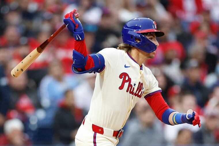 The Phillies' Bryson Stott has seen improvement in his chase rate this season, dropping from 29.5% in 2023 to 28.2%.