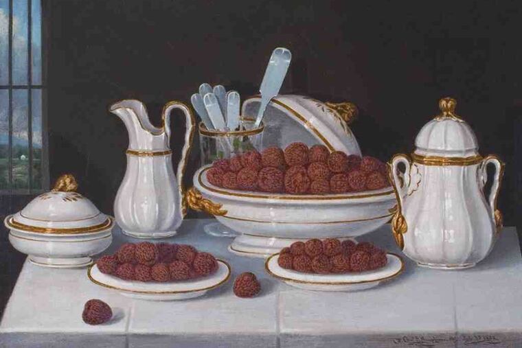 Charles S. Humphreys' "Still Life With French Porcelain and Strawberries," 1862 oil, in "Important American Paintings" through Dec. 31 at Schwarz.