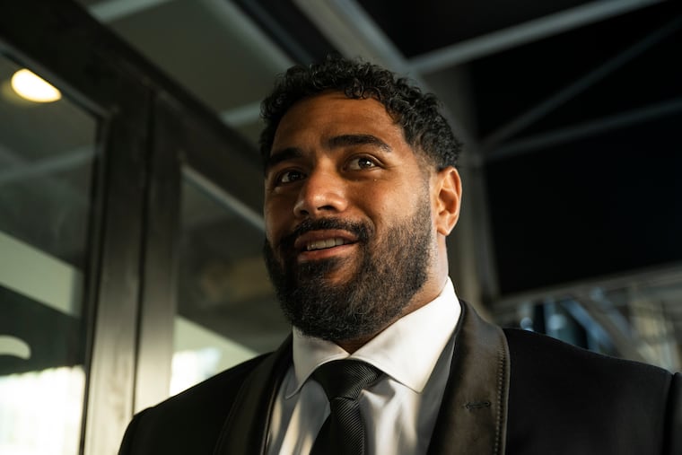 Eagles offensive tackle Jordan Mailata arrives prior to being honored at the Walk of Fame Gala on Wednesday, April 30, 2025 in Philadelphia.