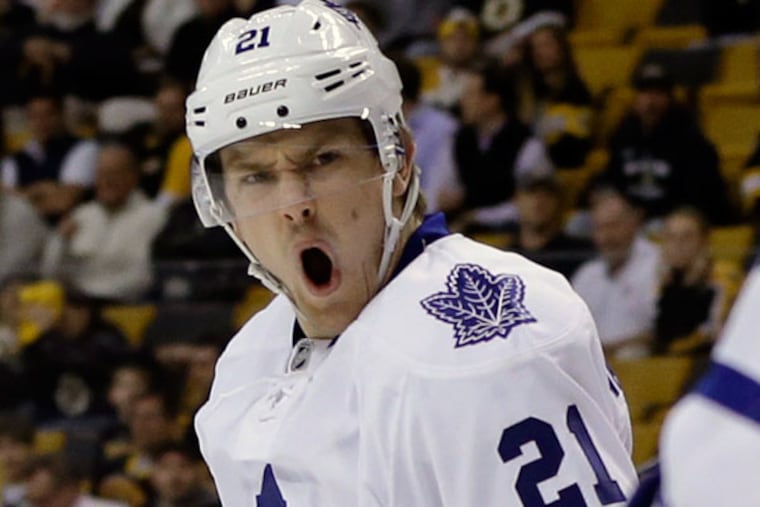 Former Flyer James van Riemsdyk (21) celebrates his goal against the Boston Bruins during the first period in Game 1 of a first-round NHL hockey playoff series in Boston, Wednesday, May 1, 2013. (Elise Amendola/AP file)