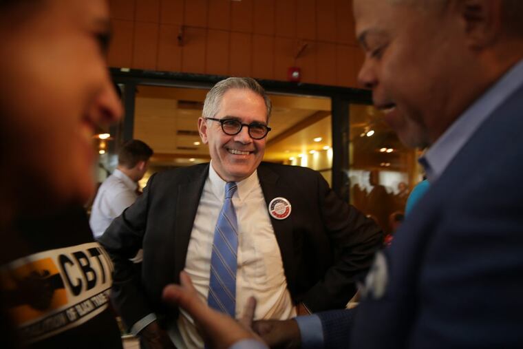 Newly elected City Controller Rebecca Rhynhart, left, and DA Larry Krasner, center, with Sen. Anthony H. Williams, right.