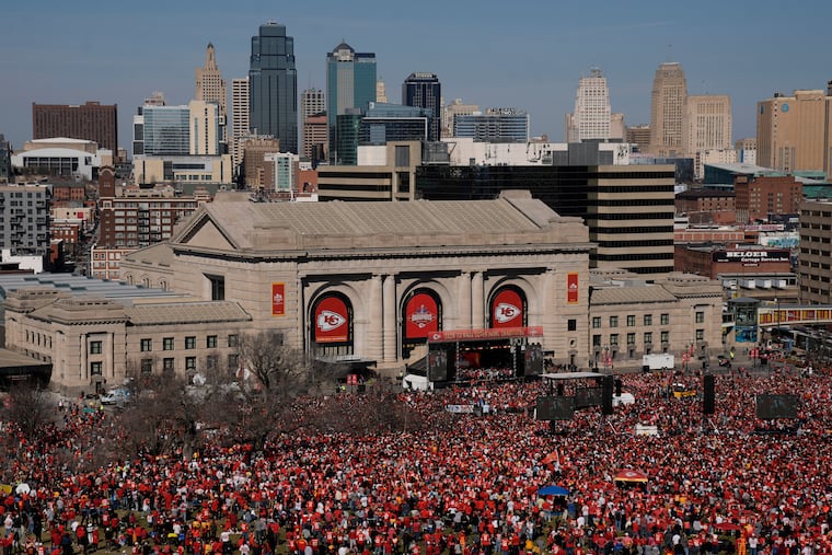 The Kansas City Chiefs celebrate during their victory rally at Union Station in Kansas City, Mo.