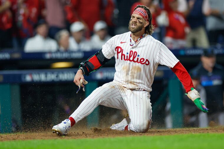 Phillies slugger Bryce Harper scores during their Game 1 win against the Miami Marlins. Game 2 of their wild-card series is Wednesday at 8:08 p.m.