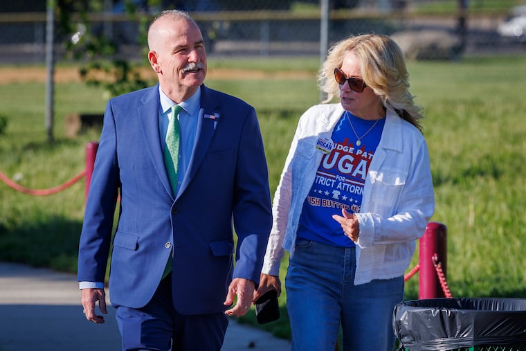 Philadelphia District Attorney candidate Pat Dugan and his wife, Nancy, arriving at Jimmy O’Connor Playground to cast their vote on primary election day, May 20, 2025.