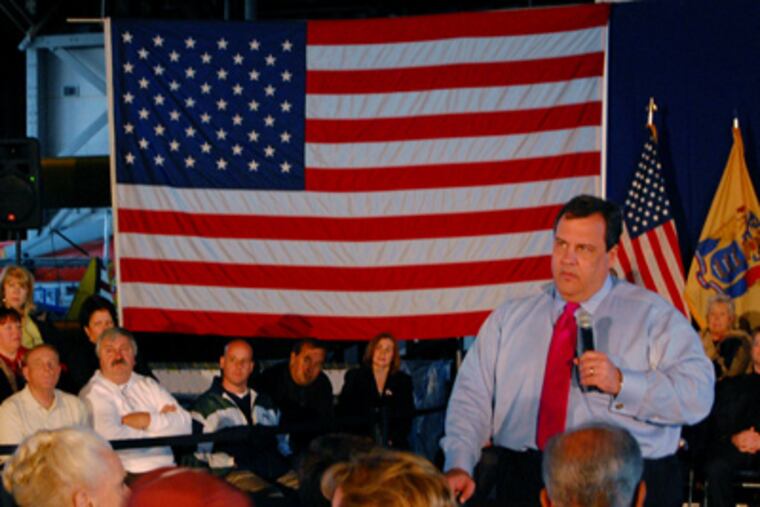 Gov. Christie addressing a town-hall meeting in Cape May County. "The way we're funding education and the results we're getting are not what we paid for," he said. (Matt Katz / Staff)