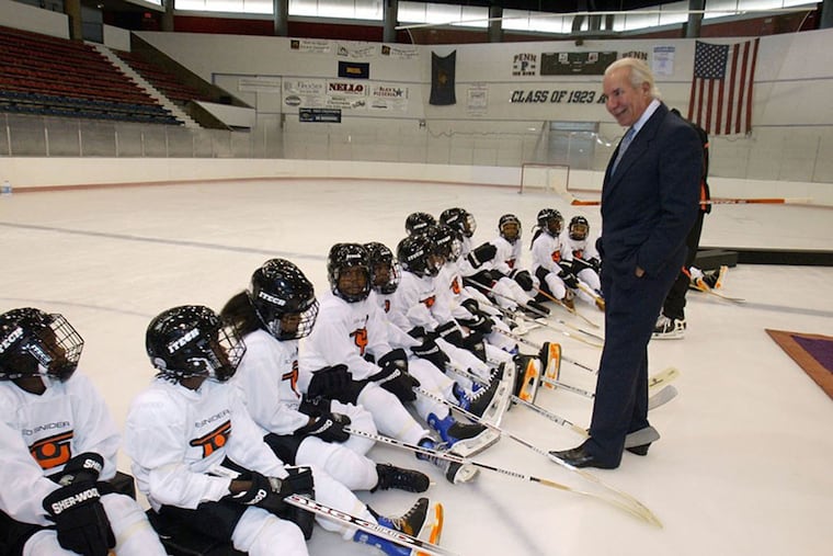 Late Flyers chairman Ed Snider addresses youngsters from the Ed Snider Youth Hockey Foundation at the University of Pennsylvania's Class of 1923 rink.