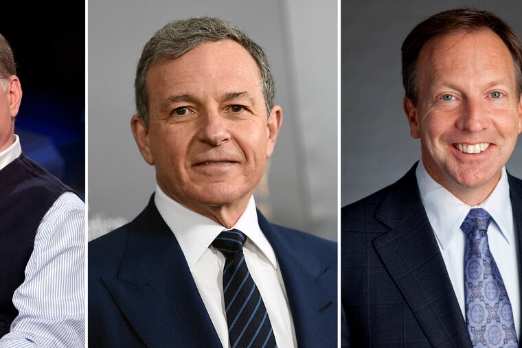 This photo combination shows four of the highest-paid CEOs at big U.S. companies for 2018, as calculated by the Associated Press and Equilar, an executive data firm. From left: David Zaslav, Discovery, $129.5 million; Robert Iger, Walt Disney, $65.6 million; Stephen MacMillan, Hologic, $42 million; and Joseph Hogan, Align Technology, $41.8 million. The third-highest paid CEO, Richard Handler of Jefferies Financial Group, is not pictured. Handler made $44.7 million. (AP Photo)
