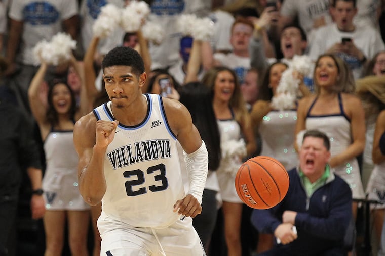 Jermaine Samuels of Villanova celebrates as time expires in their victory over Marquette at Finneran Pavilion on Feb. 27, 2019.