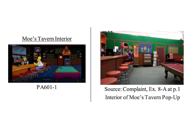 A side by side comparison of copyrighted elements from The Simpsons show and their alleged depiction in Moe's Pop Up, according to a 20th Century Fox lawsuit.