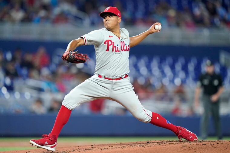 Phillies starter Ranger Suarez pitches during the first inning against the Marlins in Miami.