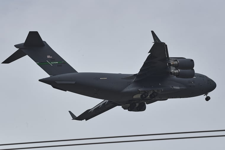 A U.S. Air Force Boeing C-17 Globemaster III transport aircraft prepares to land at Nur Khan airbase, ahead of second round of negotiations between the U.S. and Iran, in Rawalpindi, Pakistan, Monday, April 20, 2026.
