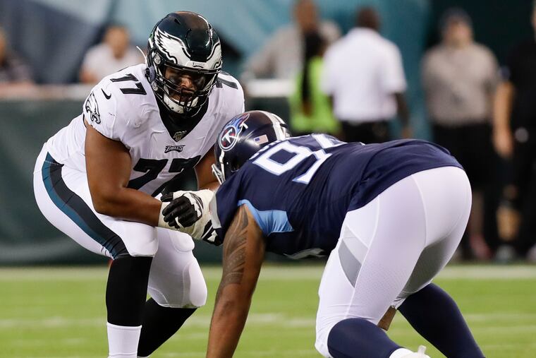 Eagles offensive tackle Andre Dillard (left) lined up against Tennessee Titans nose tackle Austin Johnson on a play in the first quarter.