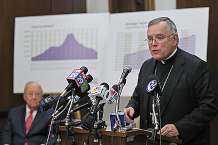Philadelphia Archbishop Charles Chaput, right, explains what the Blue Ribbon Commission recommends for the Archdiocese to do regarding Catholic Education last Friday due to declining enrollmanet. On Thursday, in a column on PhillyCatholic.com, he blamed "discrimination" against Catholics for lack of state funding. (Michael Bryant / Staff Photographer)