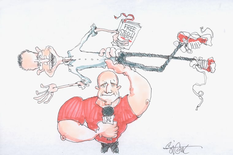 Illustration of Penn prof Jonathan Zimmerman and controversial podcast host Joe Rogan.