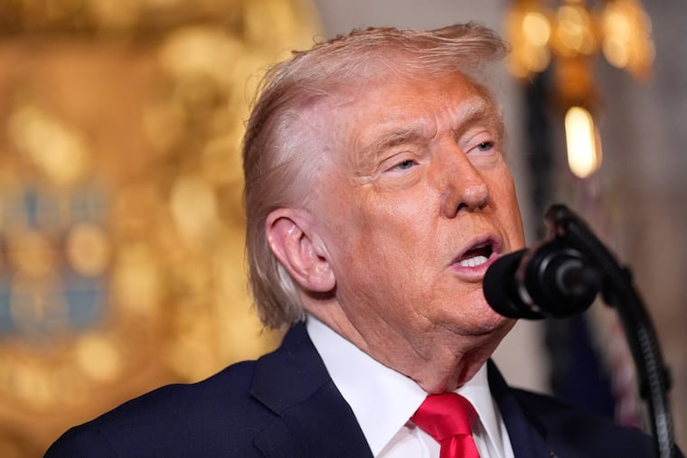 President Donald Trump speaks Monday at his Mar-a-Lago club in Palm Beach, Fla.