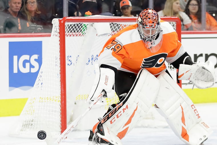 Flyers goaltender Carter Hart had a strong game Tuesday against the visiting Carolina Hurricanes.