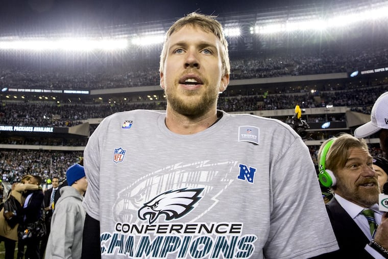 Eagles quarterback Nick Foles smiles after the NFC championship game between the Philadelphia Eagles and the Minnesota Vikings on Jan. 21, 2018.