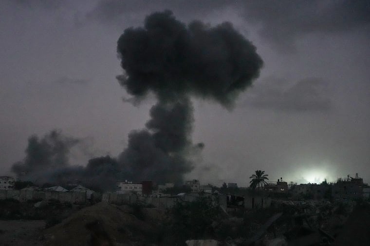 Smoke rises to the sky following an Israeli military strike in Maghazi refugee camp, in the central Gaza Strip, Wednesday, July 15, 2026. Another strike killed seven people at a funeral on Friday.