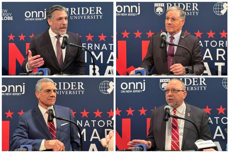 (Clockwise from top left) Bill Spadea, a former radio show host, State Sen. Jon Bramnick, former Assemblymember Jack Ciattarelli, and former State Sen. Ed Durr speak at the first Republican debate Tuesday at Rider University in Lawrenceville, N.J.