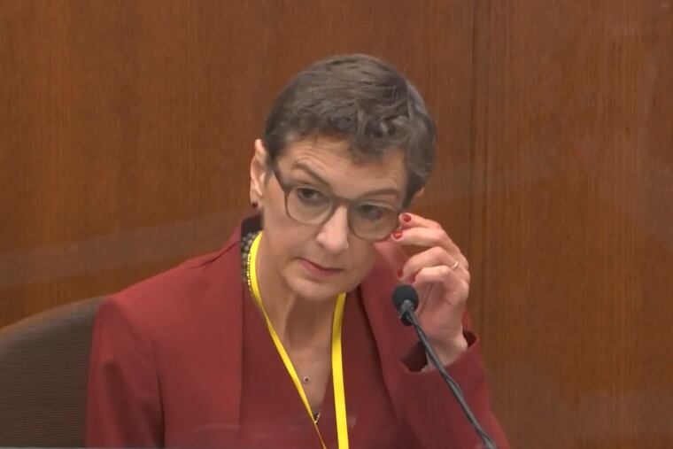 In this image from video, Dr. Lindsey Thomas, a forensic pathologist, now retired, testifies in the trial of former Minneapolis police officer Derek Chauvin.