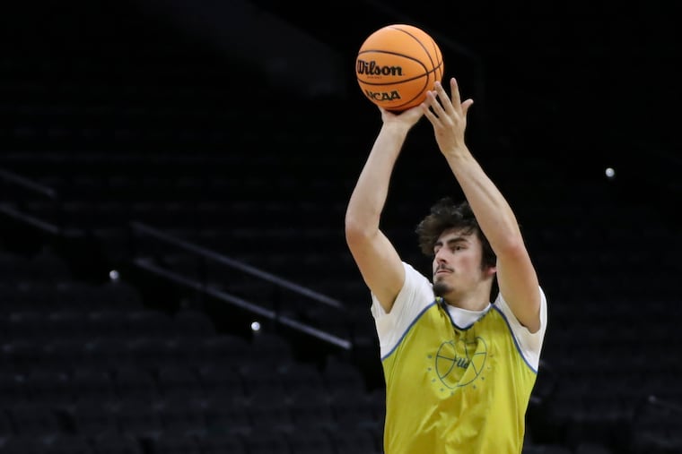 UCLA’s Jaime Jaquez Jr. (24) shoots the ball during practice at the Wells Fargo Center in Philadelphia on Thursday, March 24, 2022. UCLA will play against UNC on Friday night in the Sweet 16 round of the NCAA tournament.