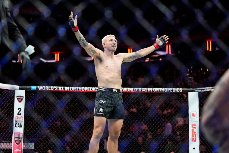 Kyle Daukaus celebrates after defeating Gerald Meerschaert in November. On Sunday, he'll face former Penn State wrestler Bo Nickal in front of the White House.